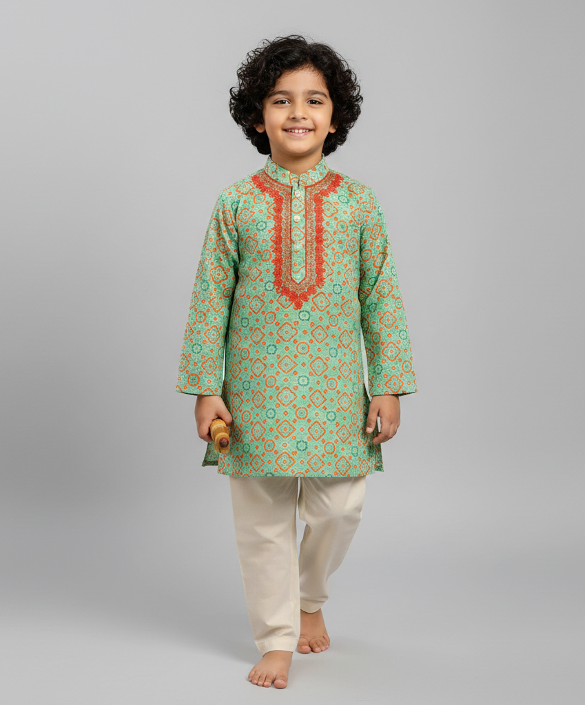 Boys Green Printed Kurta Pajama with Embroidery - CuddlesClothing