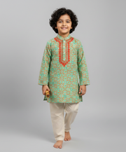 Boys Green Printed Kurta Pajama with Embroidery - CuddlesClothing