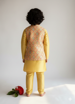 Load image into Gallery viewer, Boys Yellow Kurta Pajama &amp; Embroidered Nehru Jacket Set - CuddlesClothing