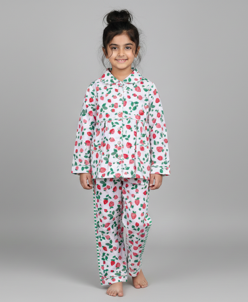 White & Red Strawberry Print Cotton Nightsuit - CuddlesClothing