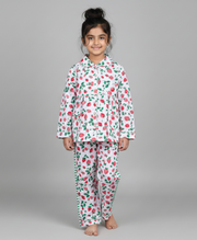 White & Red Strawberry Print Cotton Nightsuit - CuddlesClothing