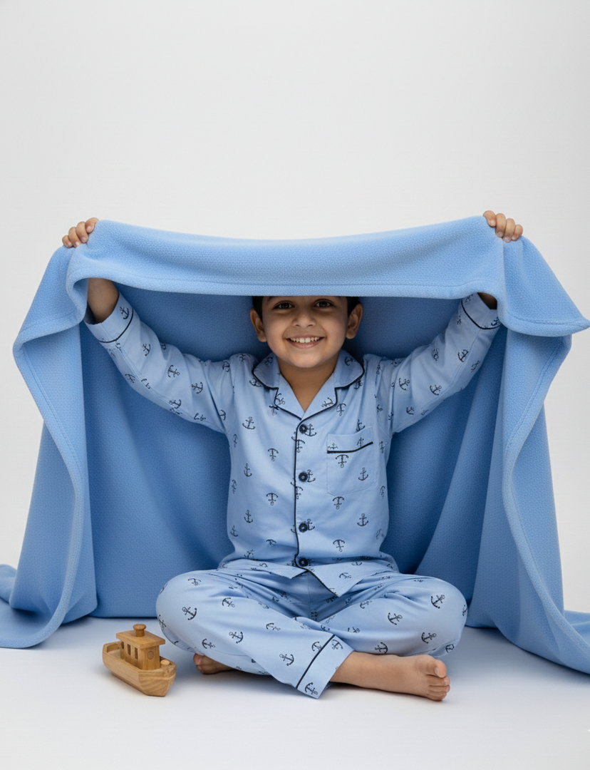 Anchor Print Blue Cotton Nightsuit for Boys - CuddlesClothing
