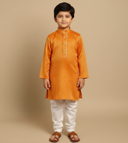 Orange Cotton Silk Kurta Pajama with Laced Neckline - CuddlesClothing