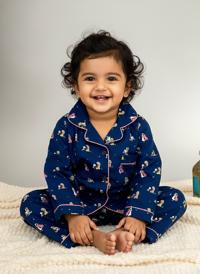 Navy Blue Girl & Pup Print Cotton Nightsuit - CuddlesClothing