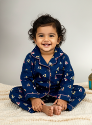 Navy Blue Girl & Pup Print Cotton Nightsuit - CuddlesClothing