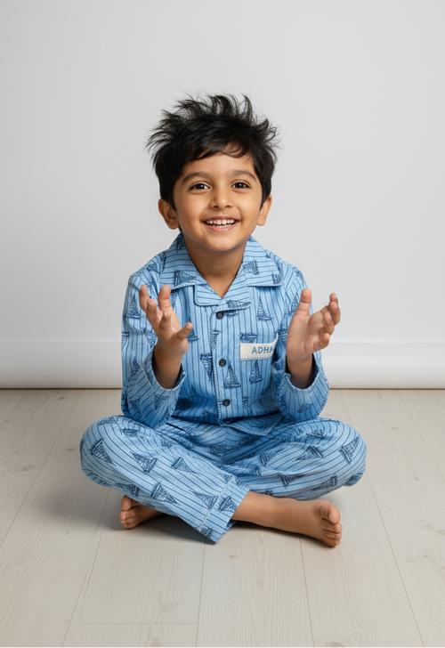 Personalized Light Blue Sailboat Cotton Nightsuit for Boys