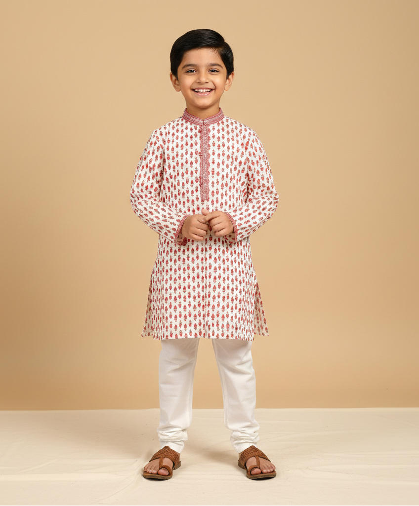 Handcrafted Block Print Cotton Kurta Pajama with Thread Embroidery - CuddlesClothing