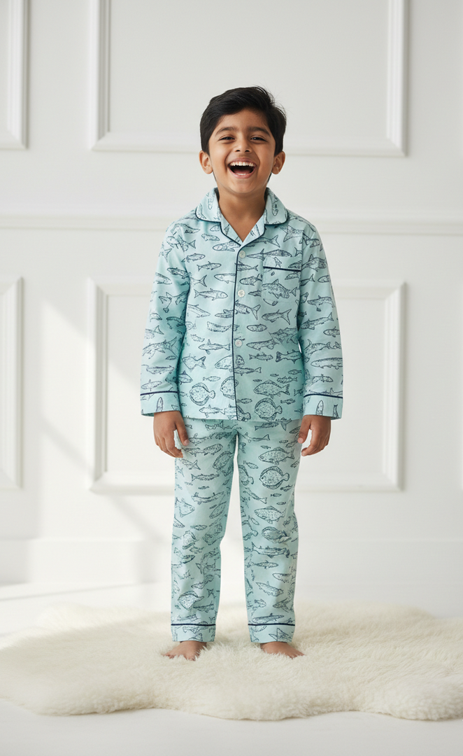 Boys Light Blue Fish Print Cotton Nightsuit Set - CuddlesClothing