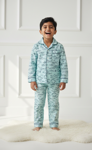Boys Light Blue Fish Print Cotton Nightsuit Set - CuddlesClothing
