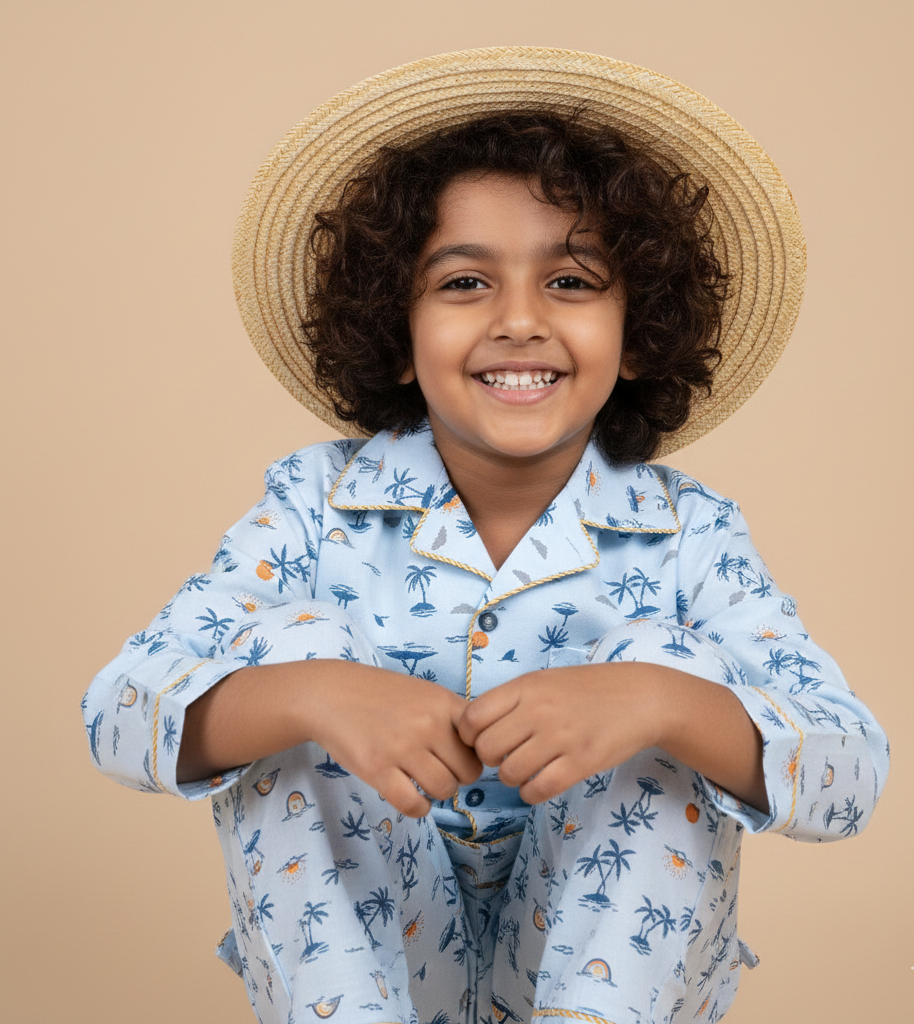 Tropical Beach Print Cotton Nightsuit - CuddlesClothing