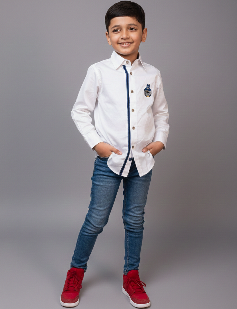 Boys White Batman Embroidered Cotton Shirt - CuddlesClothing