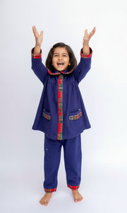 Girls Navy Blue Frock Style Flannel Nightsuit - CuddlesClothing