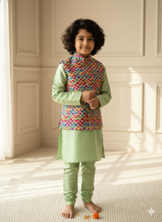 Boys Sage Green Nehru Jacket & Scallop Print Kurta Set - CuddlesClothing