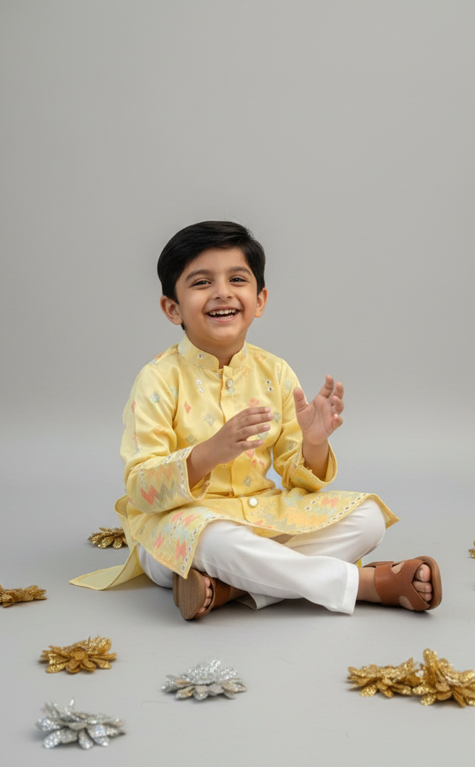 Boys Yellow Mirror Work Kurta Set - Festive Indian Ethnic Wear - CuddlesClothing
