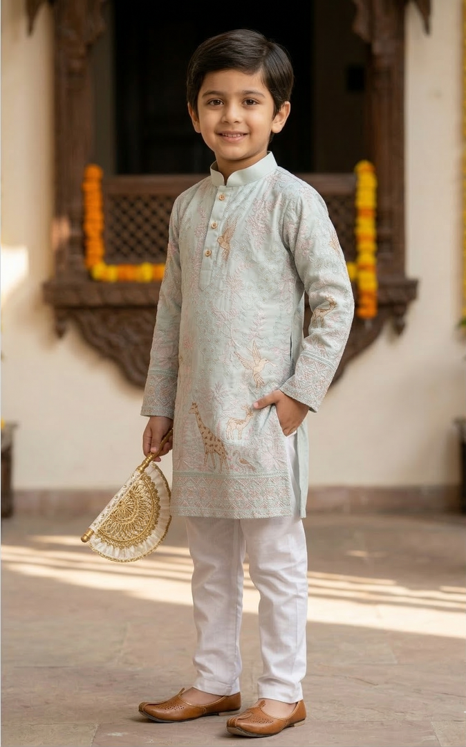 Boys' Blush Pink Kurta with Giraffe Embroidery and White Pajamas - CuddlesClothing