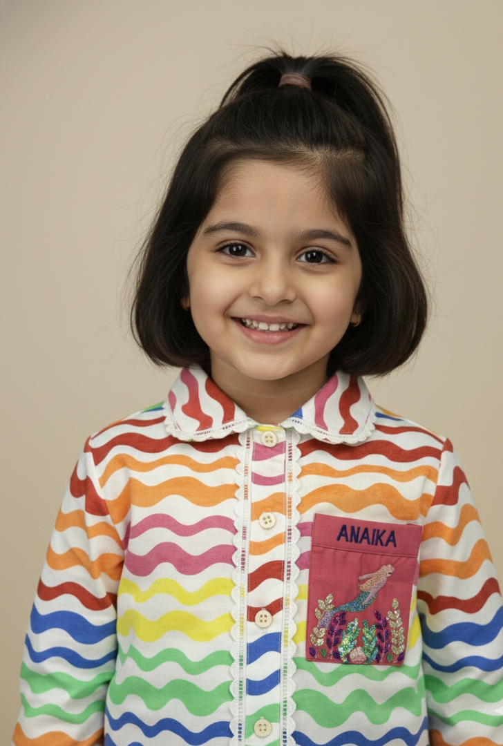 Rainbow Wave Print Embroidered Cotton Nightsuit - CuddlesClothing