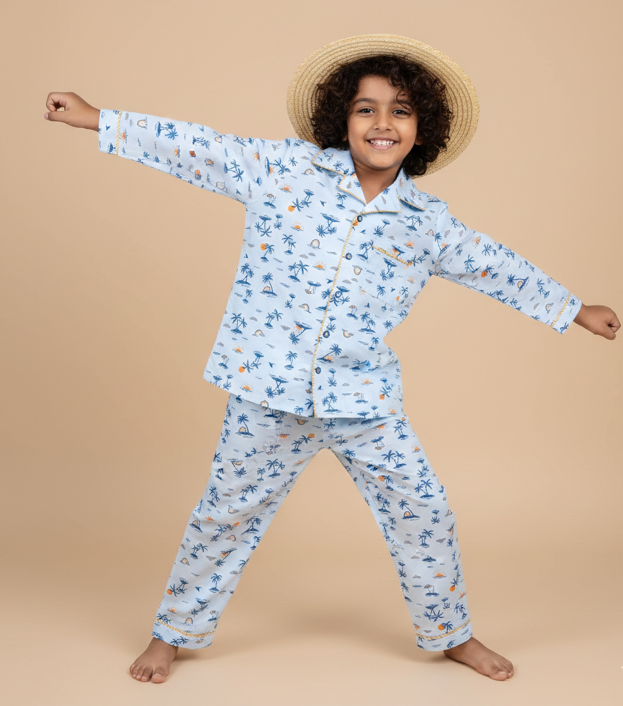 Tropical Beach Print Cotton Nightsuit - CuddlesClothing