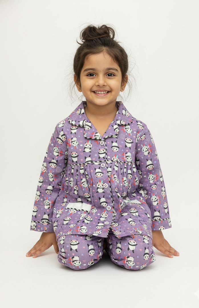 Purple Cotton Panda Print Kids Nightsuit - CuddlesClothing