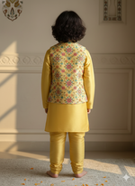 Load image into Gallery viewer, Boys Yellow Kurta Pajama with Floral embroidered Nehru Jacket - CuddlesClothing