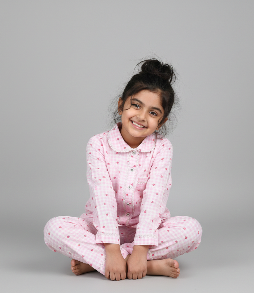Pink Gingham Strawberry Cotton Nightsuit for Kids - CuddlesClothing