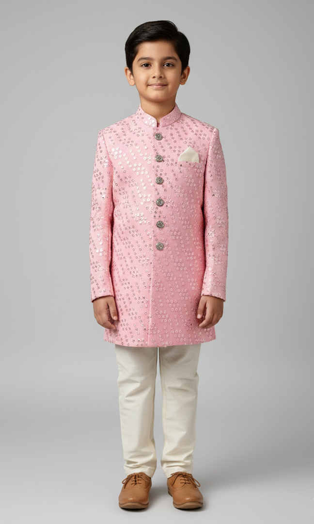 Pink Mirror Work Achkan for Boys with Off-White Pants - CuddlesClothing