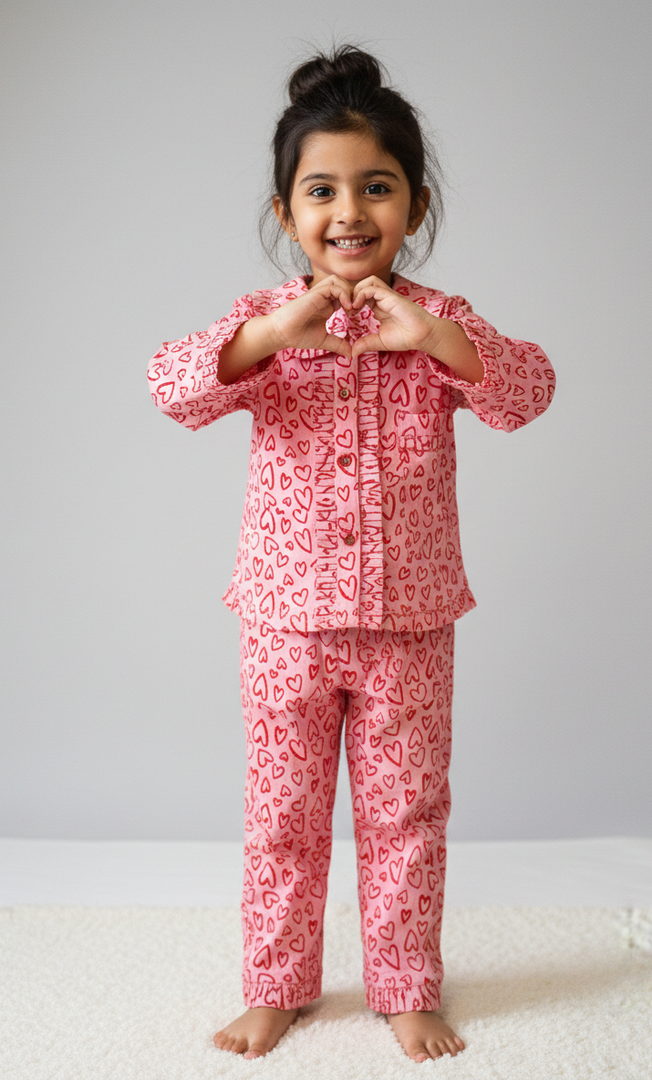 Pink Heart Print Kids Cotton Nightsui - CuddlesClothing