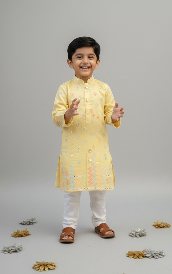 Boys Yellow Mirror Work Kurta Set - Festive Indian Ethnic Wear - CuddlesClothing