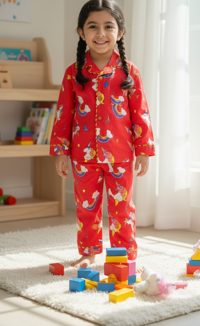 Red Unicorn Cotton Nightsuit for Kids - CuddlesClothing