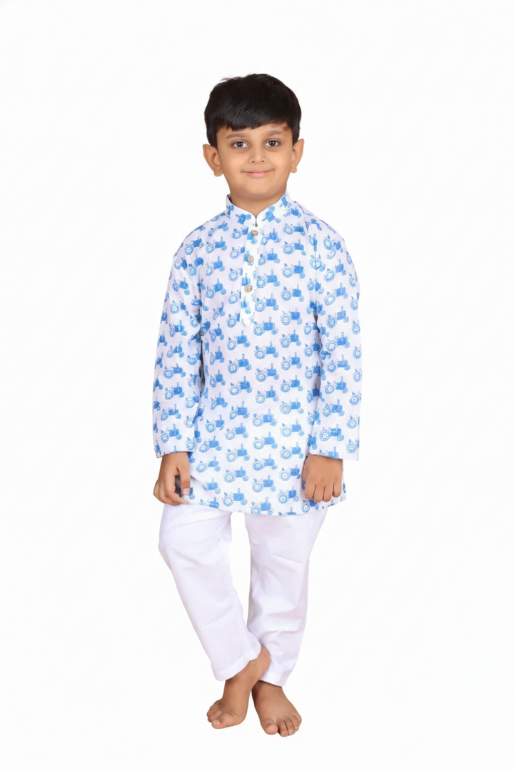 Boys Blue Tractor Print Cotton Kurta Set - CuddlesClothing