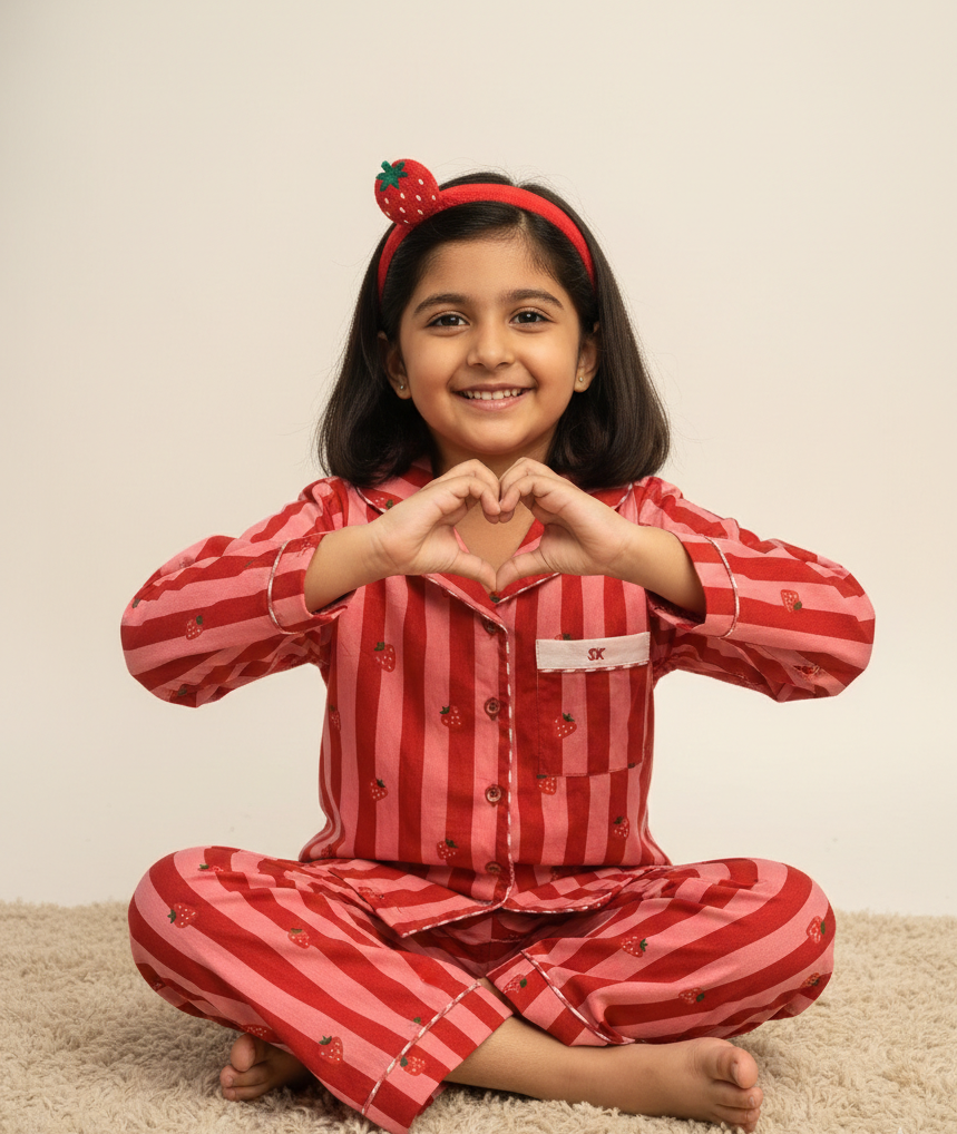 Girls' Pink & Red Strawberry Stripe Nightsuit - CuddlesClothing