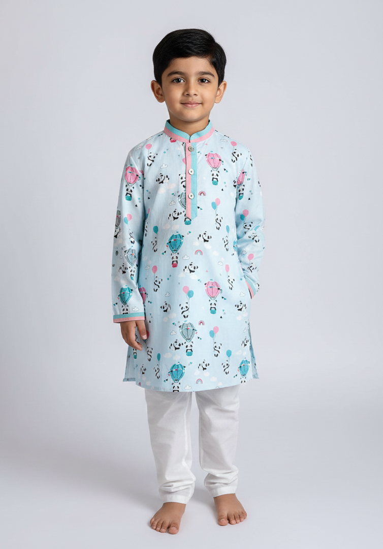 Boys Light Blue Panda Print Cotton Kurta Set - CuddlesClothing