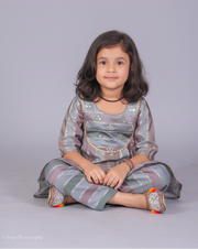 Girls Grey Metallic Silk Striped Peplum Top and Pant Set - CuddlesClothing