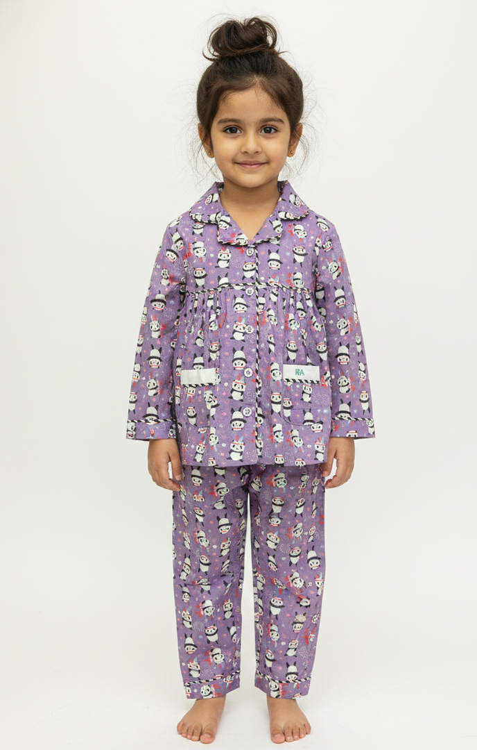 Purple Cotton Panda Print Kids Nightsuit - CuddlesClothing