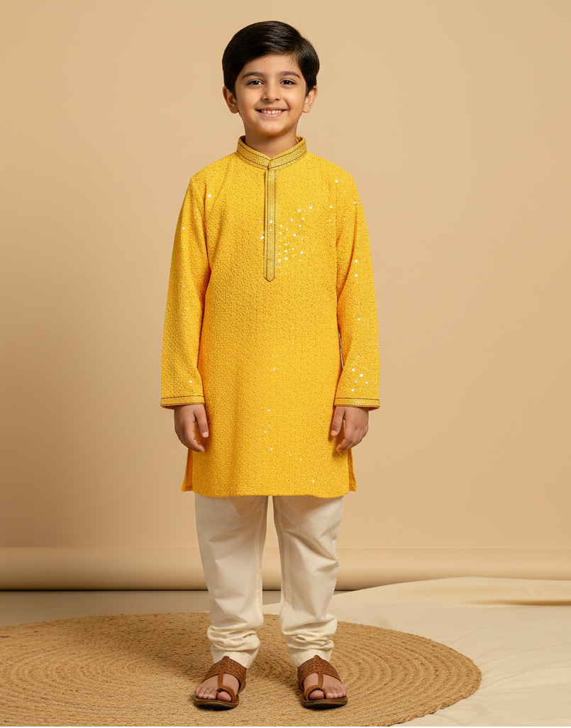 Cotton Rayon Kurta Pajama Set with Sequin Detailing for Boys - CuddlesClothing