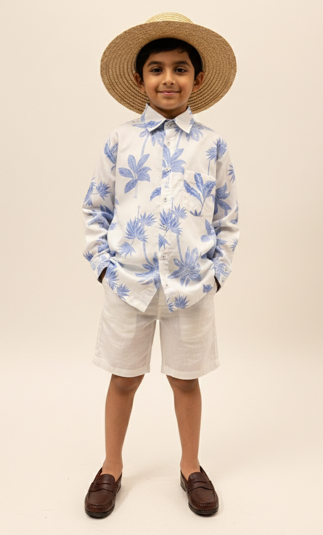 Boys' Blue Palm Tree Print Cotton Shirt - CuddlesClothing