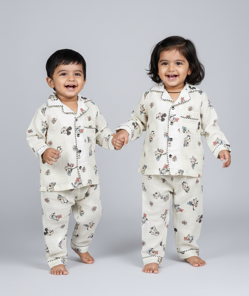 Mickey Print Cotton Muslin Kids Nightsuit - CuddlesClothing