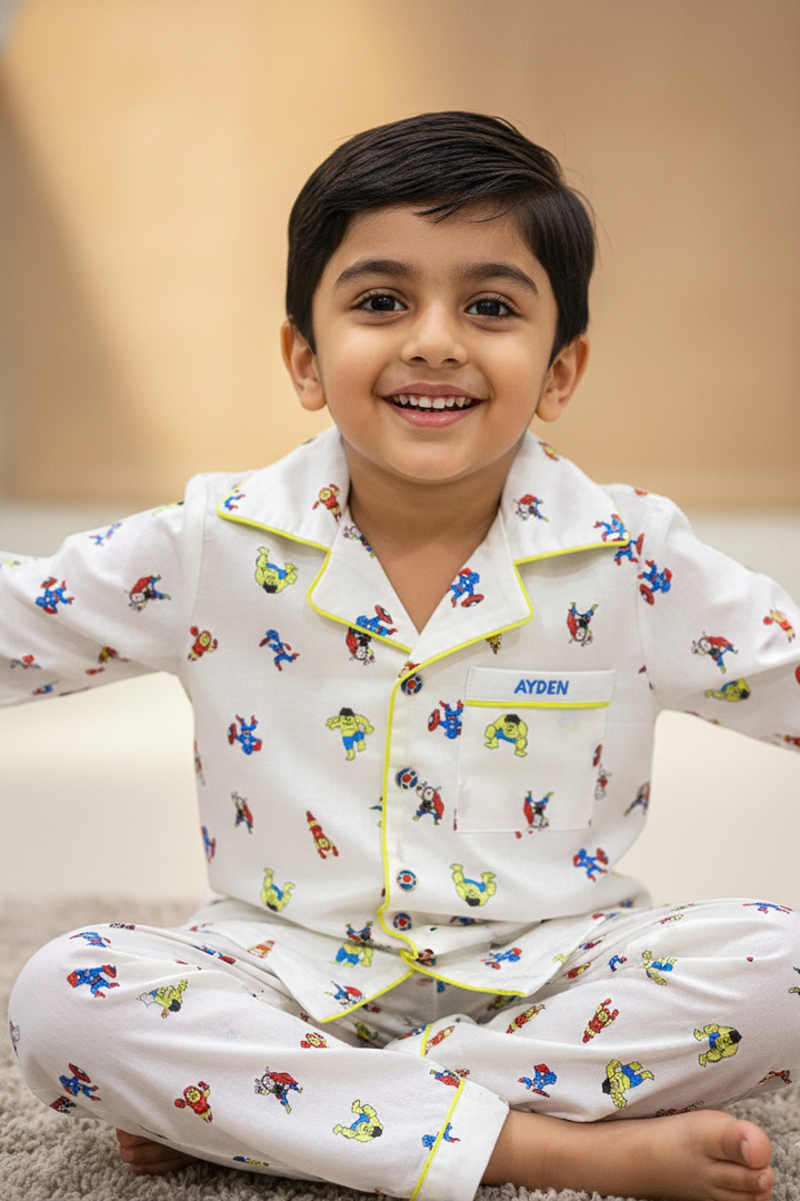 Superhero Print Multicolor Cotton Nightsuit for Boys - CuddlesClothing