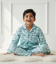 Boys Light Blue Fish Print Cotton Nightsuit Set - CuddlesClothing