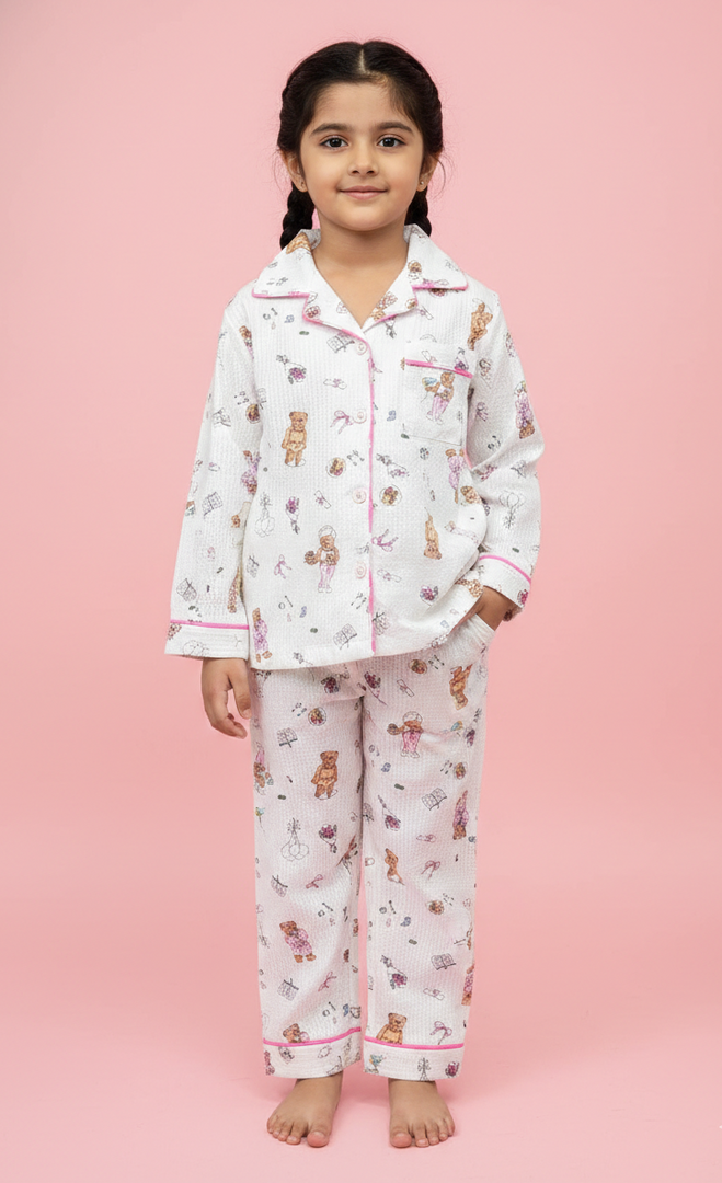 Kids Bear Print Cotton Nightsuit with Pink Piping - CuddlesClothing