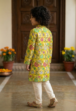 Load image into Gallery viewer, Yellow Banarasi Silk Boys Kurta Pajama Set with Ivory Pajamas - CuddlesClothing