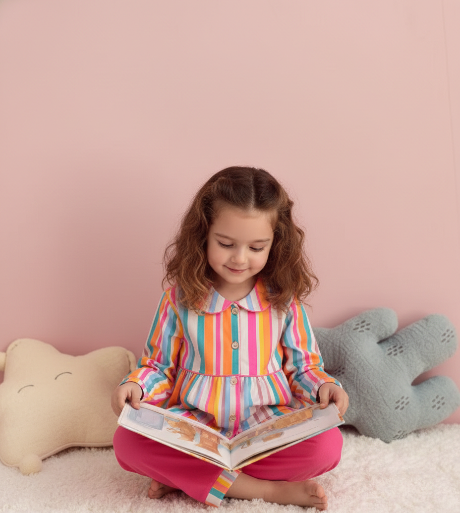Vibrant Multi-Color Striped Girl's Peplum Nightsuit - CuddlesClothing