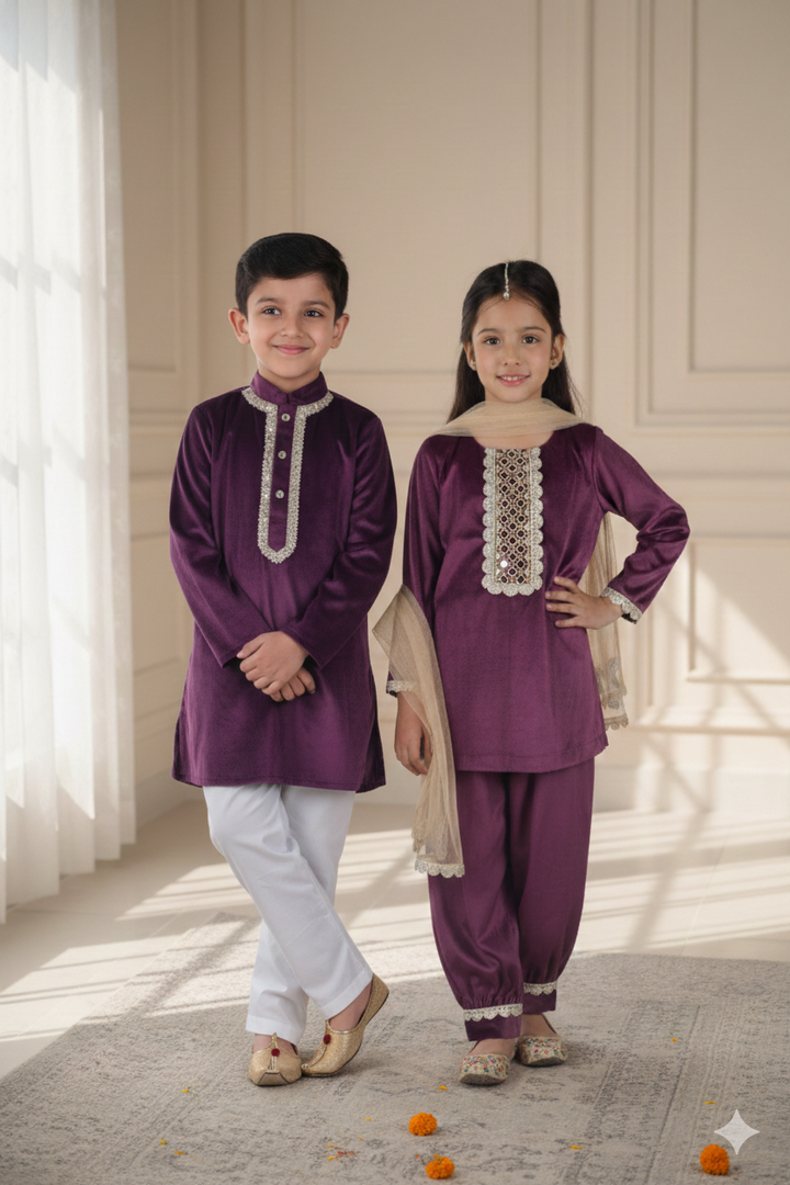 Purple Velvet Kurta Pajama Set For Boys - CuddlesClothing