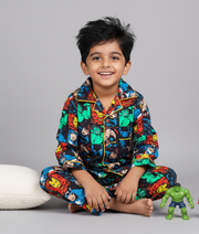 Superhero Print Cotton Nightsuit for Boys - CuddlesClothing