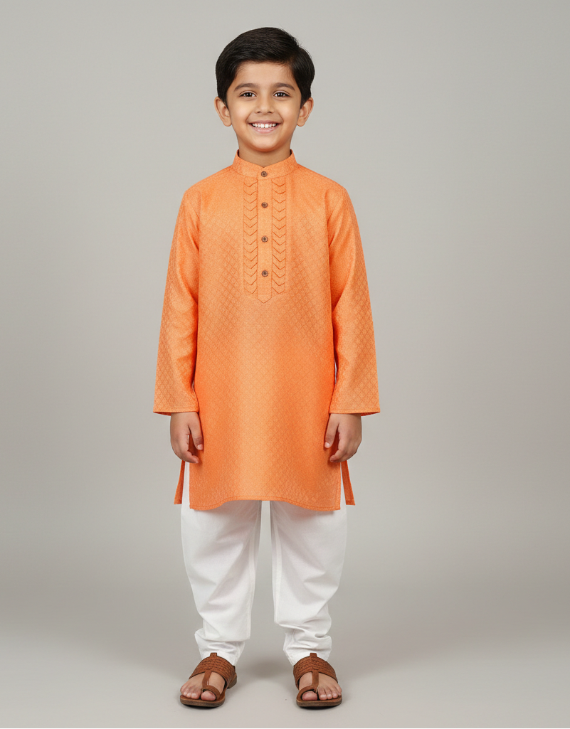 Brocade Silk Kurta Pajama with Pleated Neck Design for Boys - CuddlesClothing