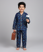 Load image into Gallery viewer, Navy Travel Print Cotton Nightsuit for Boys - CuddlesClothing
