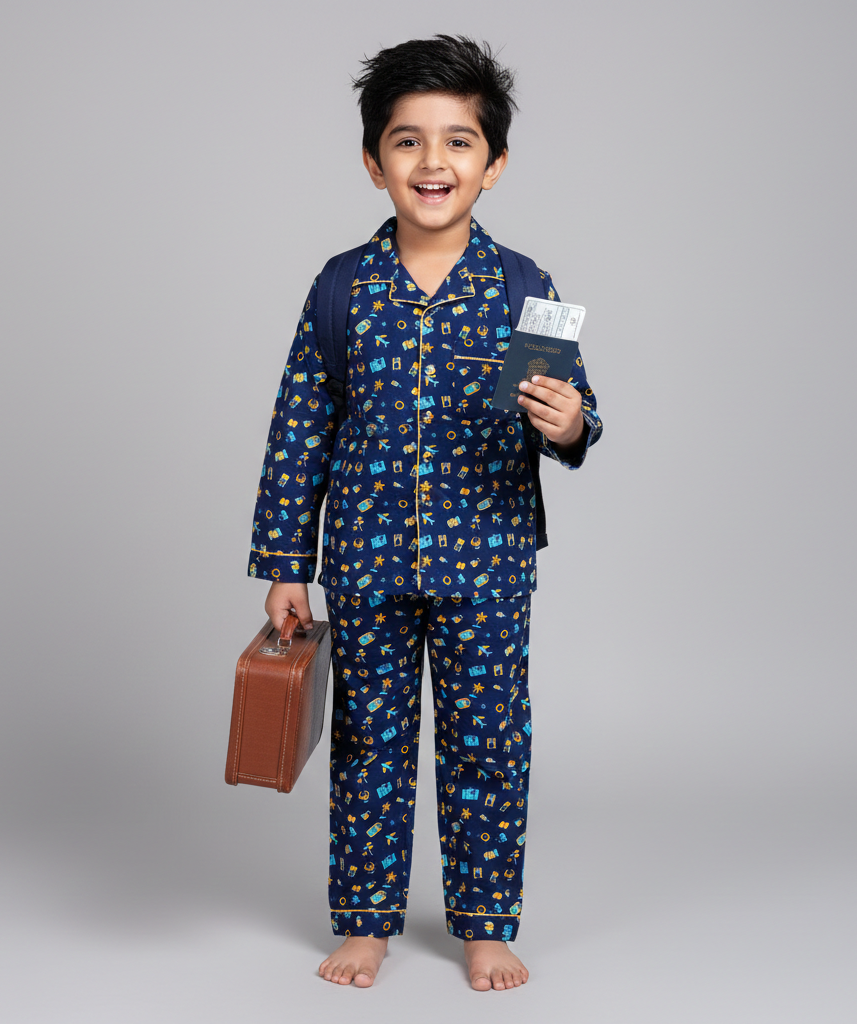 Navy Travel Print Cotton Nightsuit for Boys - CuddlesClothing