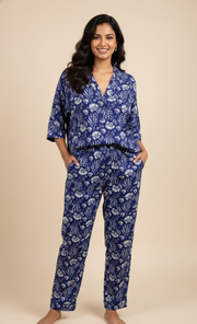 Indigo Floral Cotton Rayon Pajama Set - CuddlesClothing
