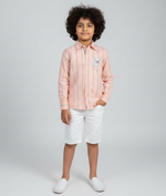 Load image into Gallery viewer, Boys Peach Striped Cotton Shirt with Dog Patch - CuddlesClothing