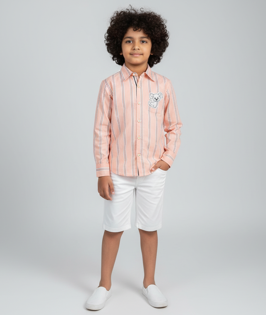 Boys Peach Striped Cotton Shirt with Dog Patch - CuddlesClothing