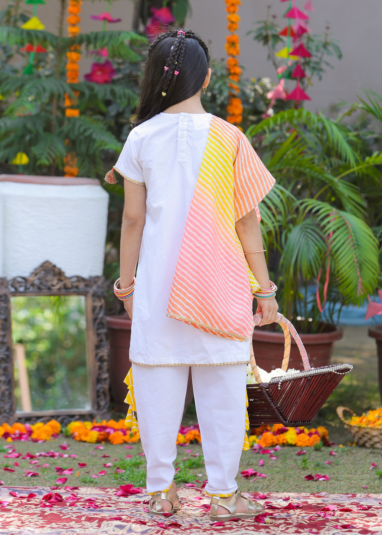 Girls White Embroidered Holi Dhoti Set - CuddlesClothing